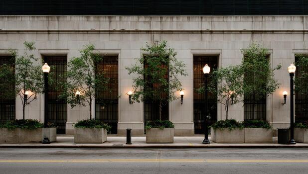 Facade of a city building with planted planters photo