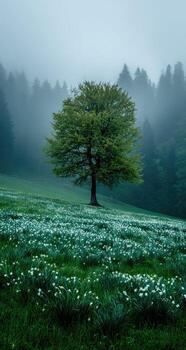 solitario árbol en un brumoso prado foto
