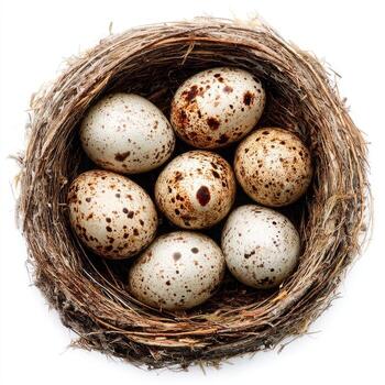 Bird eggs nestled in a bird's nest photo