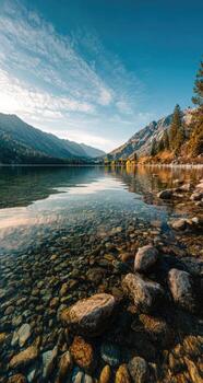 Serene lake reflecting mountains in autumn photo