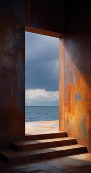 Rusty metal walls frame a view of a waterfront, with steps leading down to the water photo