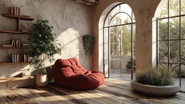 Cozy rustic room with red beanbag chair, sunlight streaming through arched windows, greenery photo