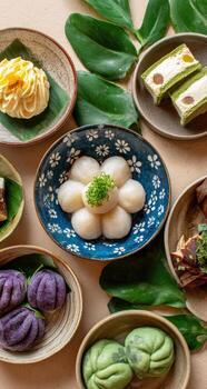 Assorted Asian desserts and snacks on small plates photo