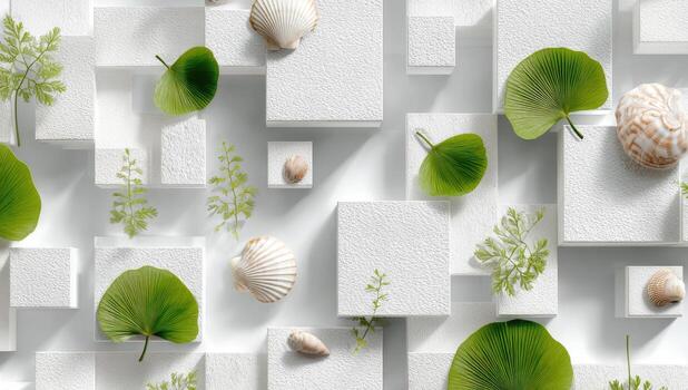 White textured cubes, scattered with seashells and lush green leaves photo