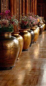Ornate gold and bronze urns line a temple corridor photo