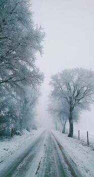 Snowy, frosted trees line a country road through a light fog photo