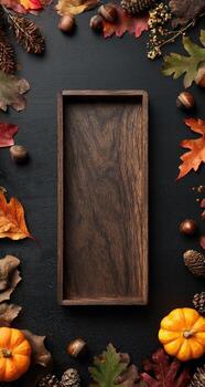 Dark-toned, rectangular wooden tray surrounded by autumnal foliage and nuts on a black background photo