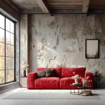 Red sofa in a rustic loft-style room with large windows photo