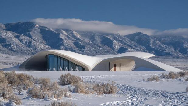 Modern, white, curved house nestled in snowy landscape, mountains in background photo