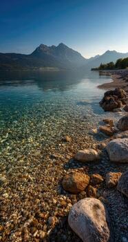 Tranquil lake shore with clear water reflecting mountains photo