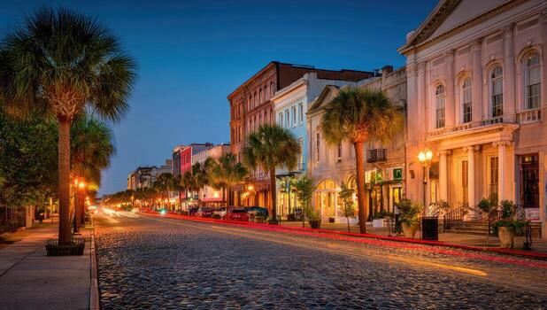 Historic cobblestone street at dusk, lined with colorful buildings and palm trees photo