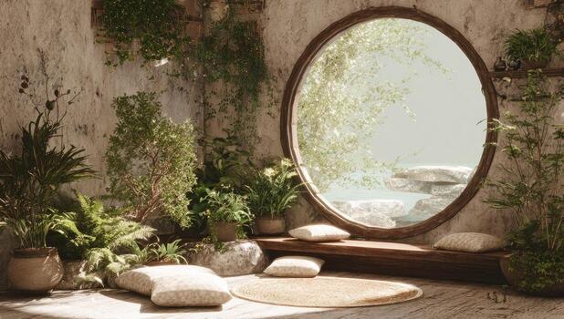 Rustic zen space with large window photo