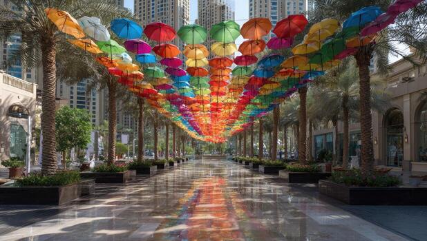 Colorful umbrellas strung over a pedestrian walkway, reflecting in the wet pavement, lined with palm trees and modern buildings photo