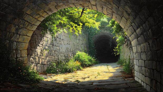 Stone archway tunnel, sunlight filtering through greenery photo