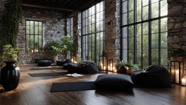 Rustic yoga studio with large windows, beanbag chairs, and plants photo