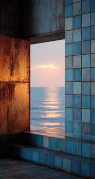 Coastal view through a rusted metal frame, framed by blue tiles photo