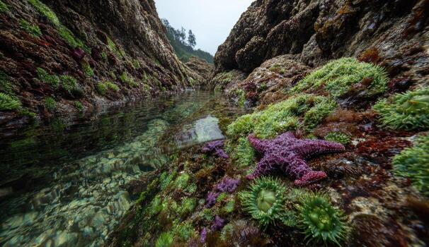 Shallow, rocky cove with starfish and kelp photo