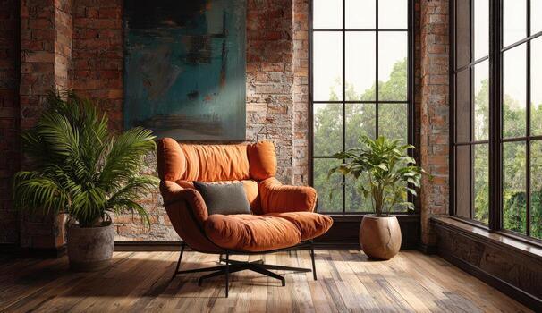 Rustic, modern armchair in a sunlit room with brick walls and large windows photo
