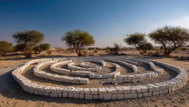 White stone spiral maze in desert photo