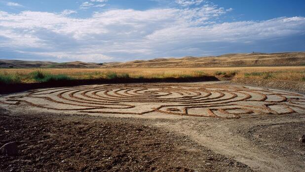 Large, intricate, spiral maze of reddish-brown dirt, in a grassy field photo