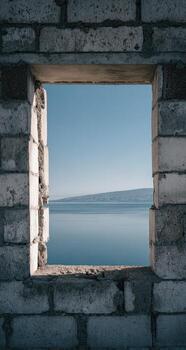 Brick frame, tranquil lake view photo