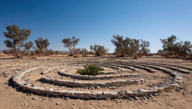 Spiral stone path in a desert landscape under a clear sky photo
