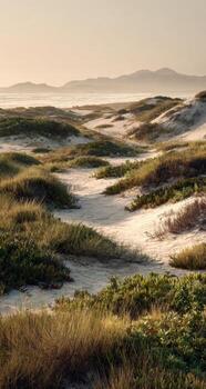 Sandy dunes, light-dappled with sparse vegetation, leading to hazy mountains photo