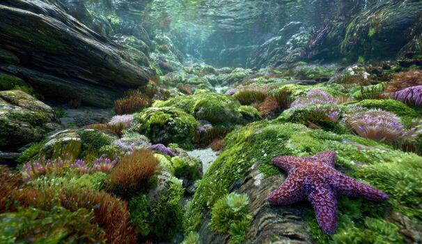 Lush, rocky intertidal zone with vibrant moss and a starfish photo