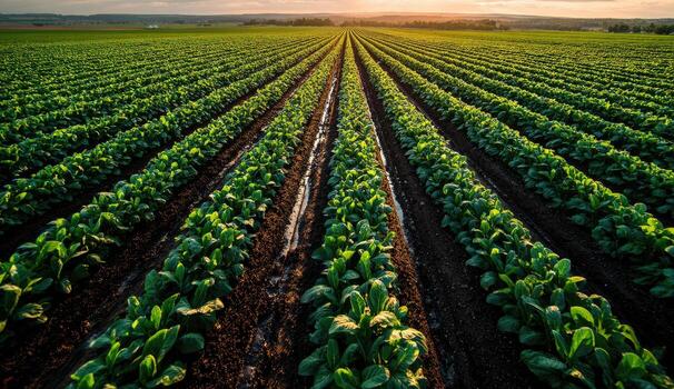 Wide shot of perfectly aligned rows of green crops at sunset photo