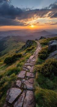 A stone path in the grass photo
