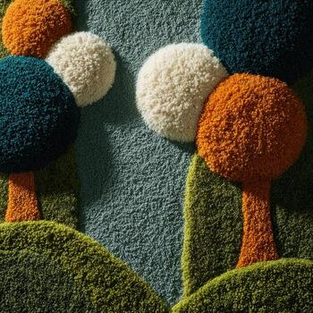 Fuzzy rug with textured trees and hills photo