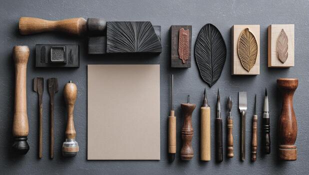 Flat lay of various wooden printmaking tools and blank paper photo
