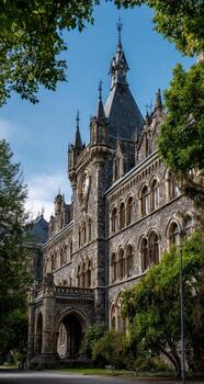 Stone gothic-style building with clock tower, framed by trees against blue sky photo