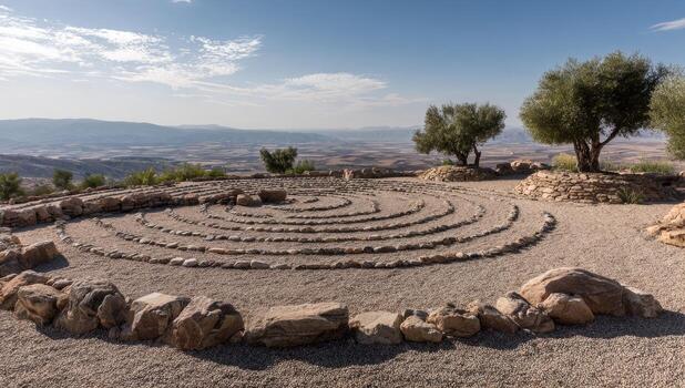 Circular stone path on a hilltop, surrounded by rocks and olive trees, overlooking a valley photo