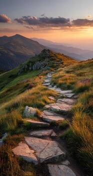 Mountain path at sunset photo
