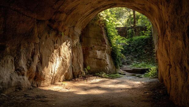 Sun-drenched tunnel through ancient stone walls photo