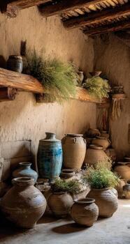 Rustic pottery collection on shelves and floor photo