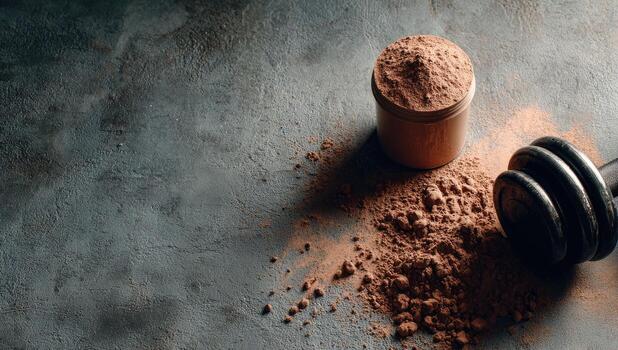 Chocolate protein powder in a container beside a dumbbell on a dark textured surface photo