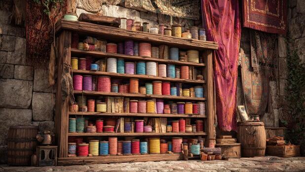 Rustic wooden display shelves filled with colorful thread spools photo