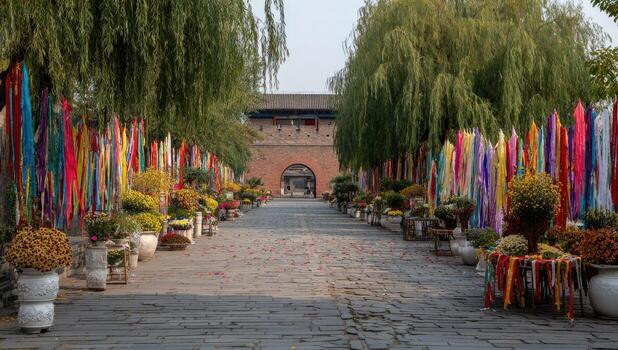 Ancient walled city path lined with colorful ribbons, flowers, and trees photo