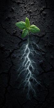 A small green sprout emerges from cracked, dark earth with a prominent, highlighted root system photo
