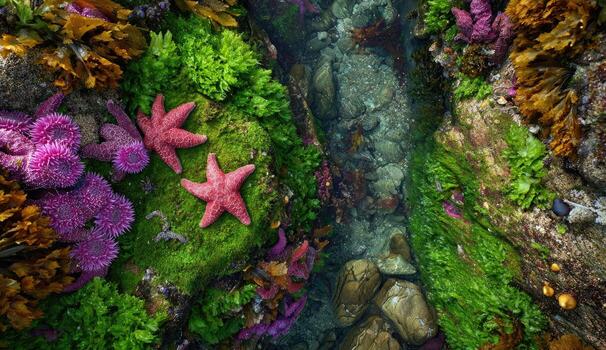 Coastal tide pool with vibrant starfish and kelp photo