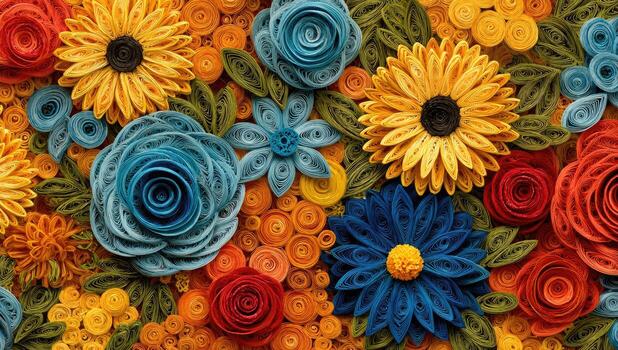 Vibrant, colorful paper flowers in a dense, textured design photo