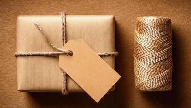 A brown gift box with a tag and thread on a brown background photo