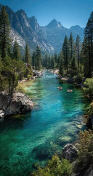 Crystal-clear river flowing through a mountain valley, with kayaks visible photo