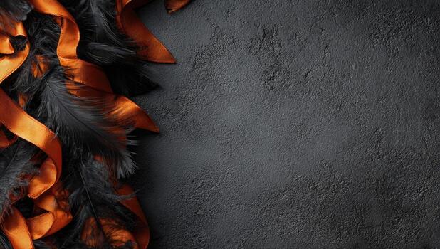 Dark textured background with orange ribbon and black feathers photo