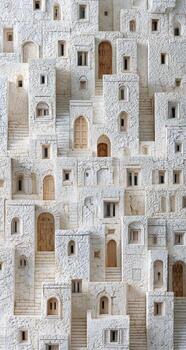 Detailed, textured, white, architectural model of a village. Layered buildings with varied doorways and windows photo