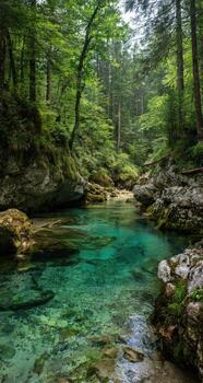 Crystal-clear turquoise stream winding through lush forest photo