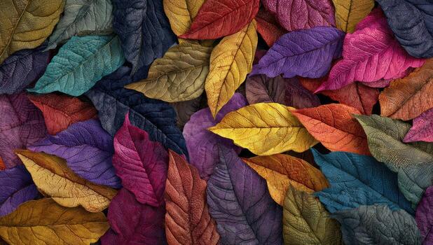 Vibrant autumn leaves, various colors, close-up photo
