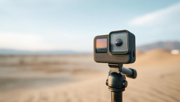 Action camera on tripod in desert photo